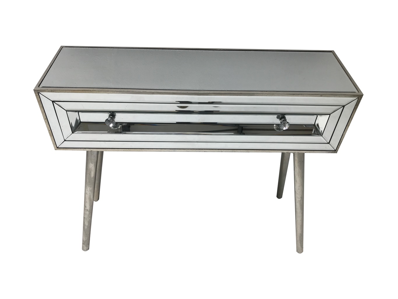 Mirrored console table with a single drawer, 3cm diamante handles, wood and mirror, vintage silver