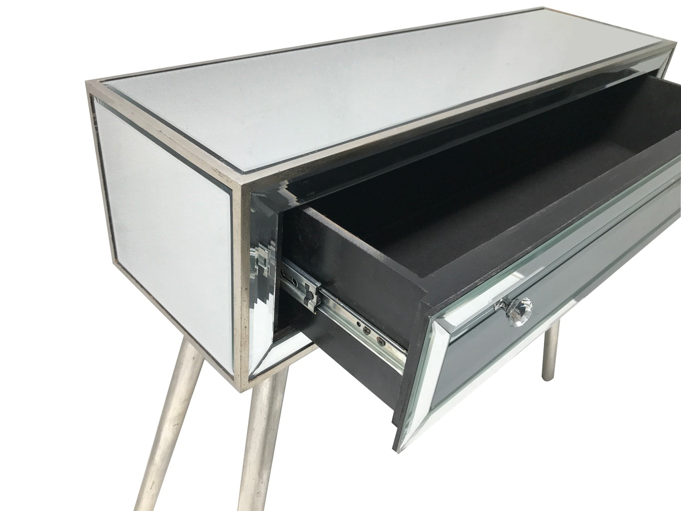 Holywood mirrored console table with a single drawer, 3cm diamante handles, wood and mirror, vintage silver