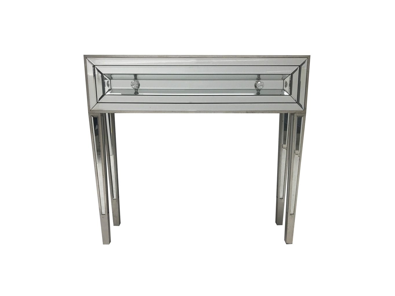 Hollywood mirrored console table with a single drawer, wood and mirror, vintage silver
