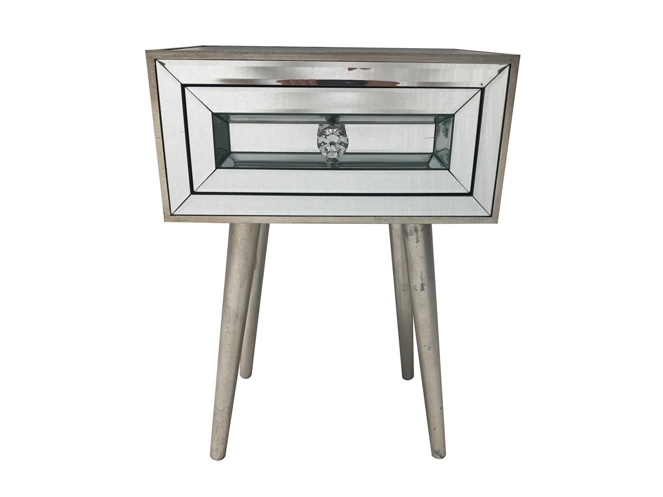 Mirrored Side Table / Bedside, wood and mirror, antique silver finish.
