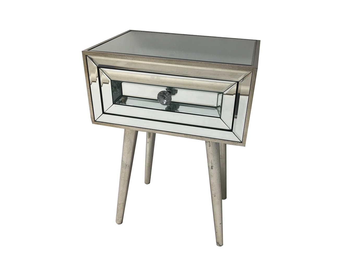 Mirrored Side Table made of wood and mirror, antique silver finish.