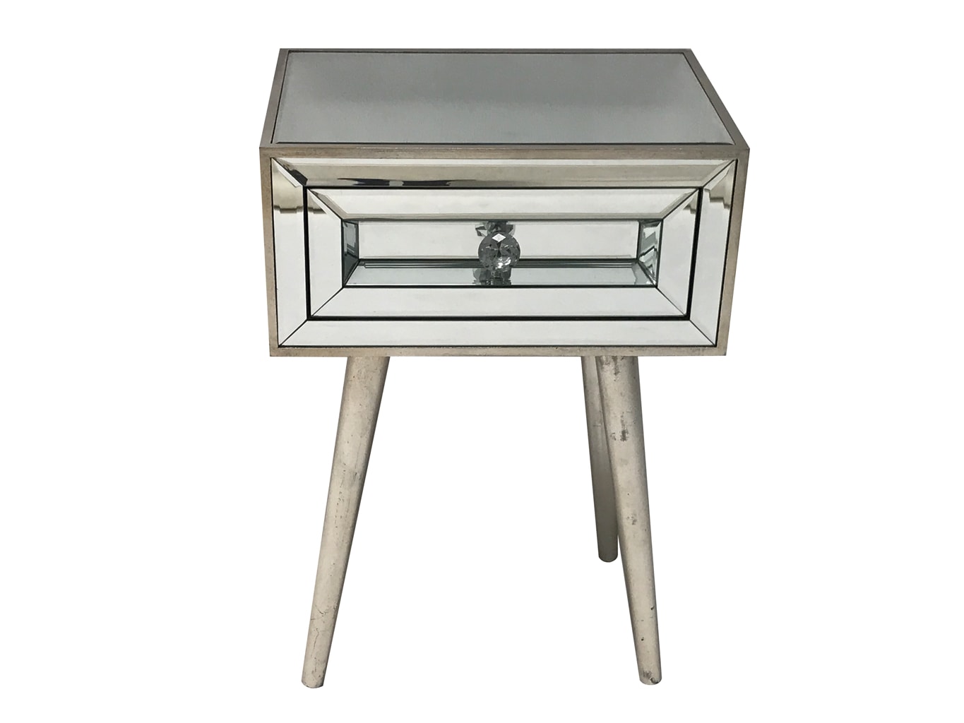 Mirrored Bedside, wood and mirror, antique silver finish.
