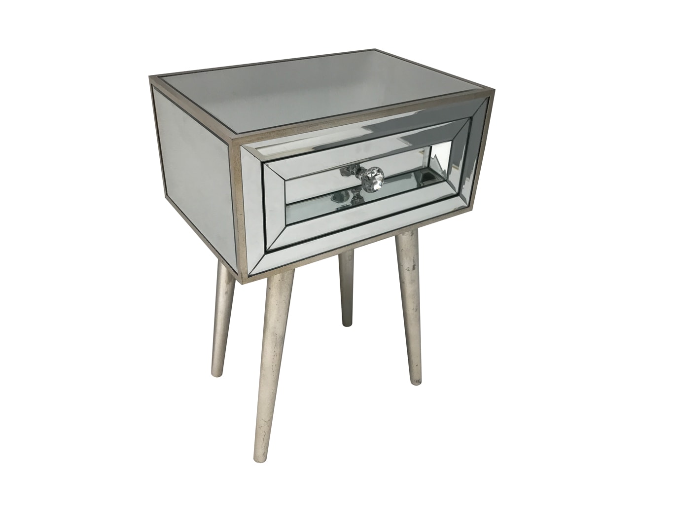Mirrored Side Table / Bedside, wood and mirror, antique silver finish.