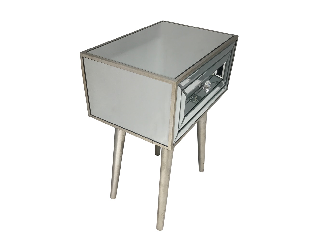 Mirrored Nightstand, wood and mirror, antique silver finish.