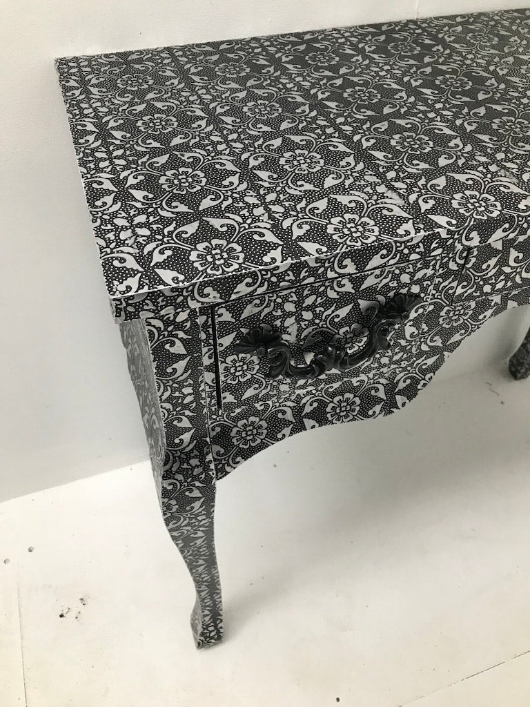 Designer Dressing Table, vintage silver and flowered coating, hammered metal finish