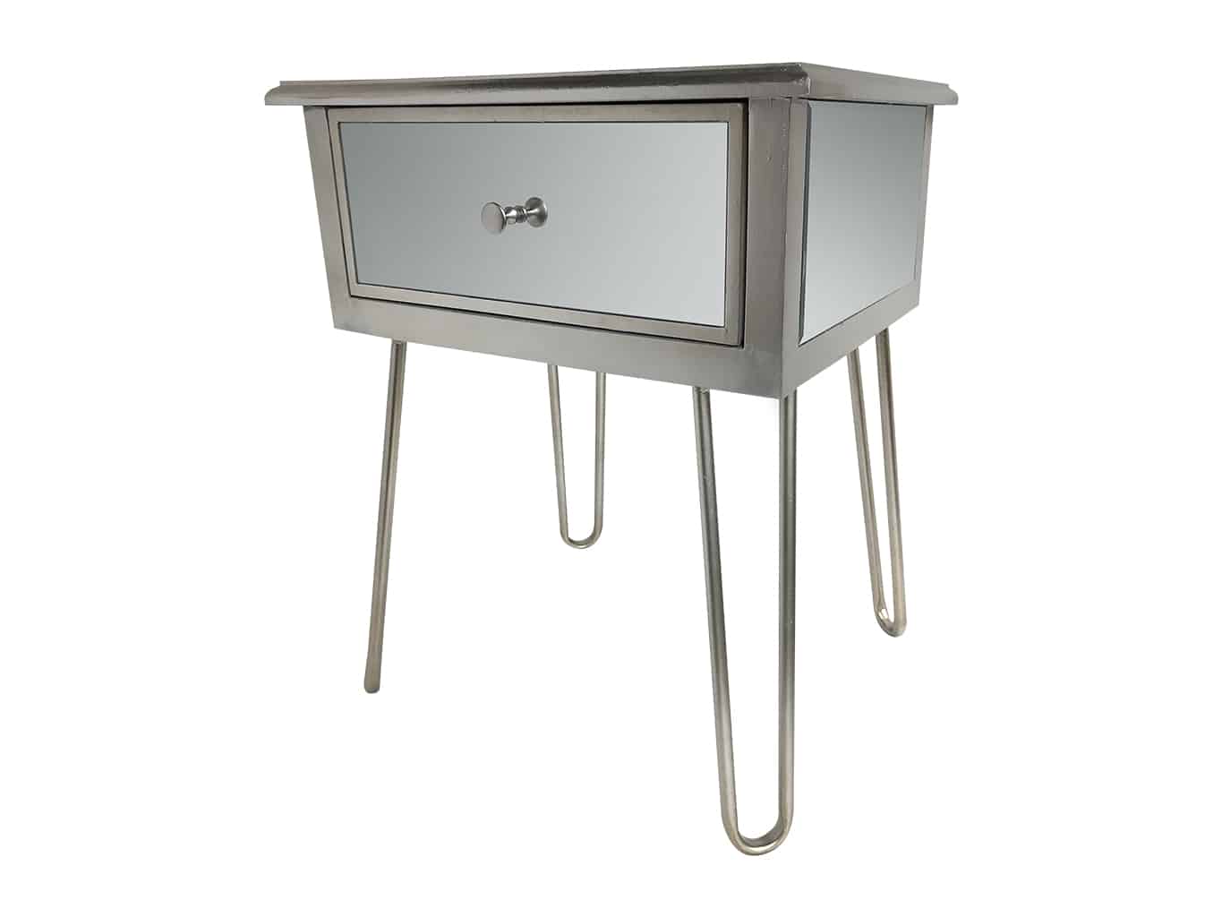 Silver Mirrored Bedside Table » Hairpin legs