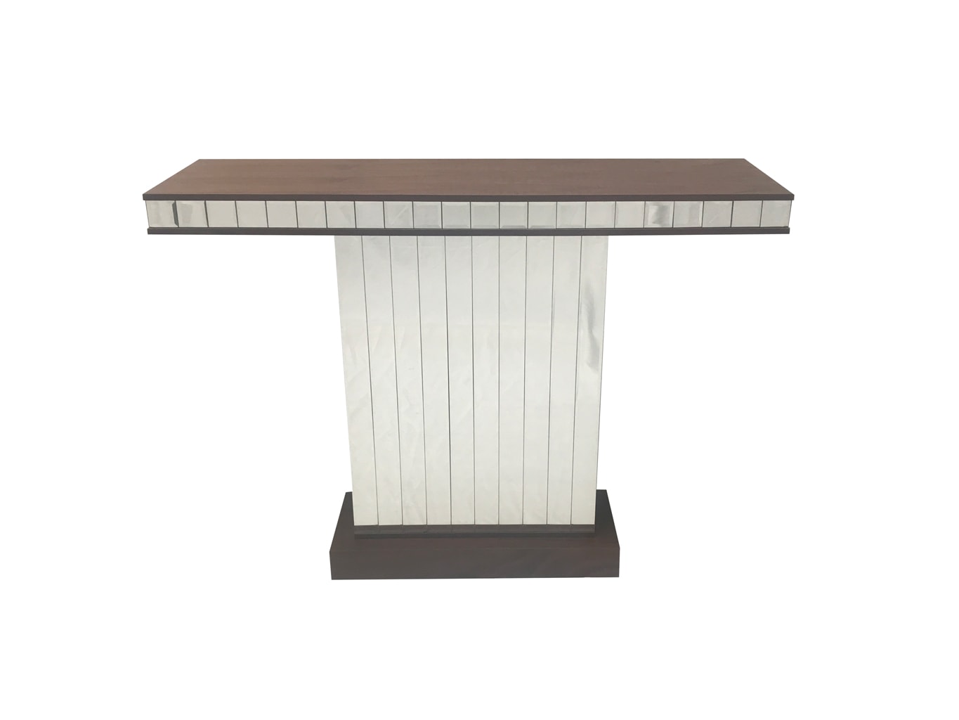 Mirrored console table, contemporary design, single column, mirrored panels, walnut wooden top, accent table