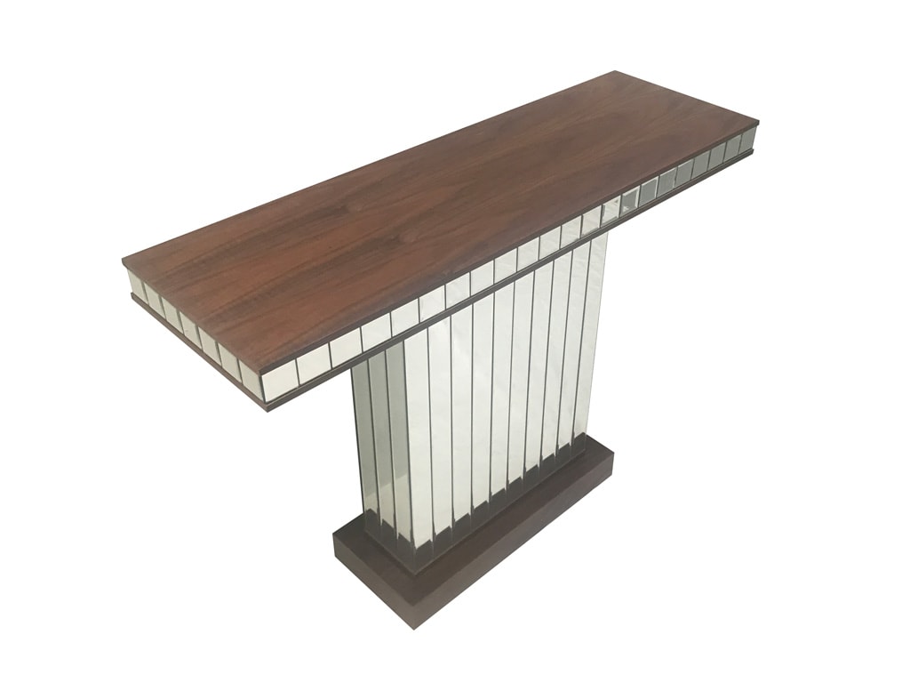 Mirrored console table, with a walnut top and base with 5cm bevelled mirror strips, single column. Contemporary design, accent table.