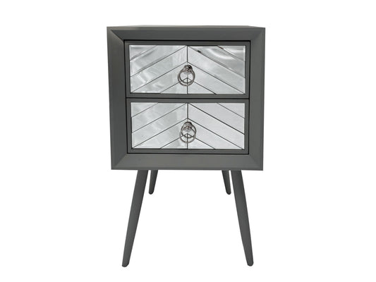 Mirrored Bedside Table with 2 Drawers in Grey wooden finish