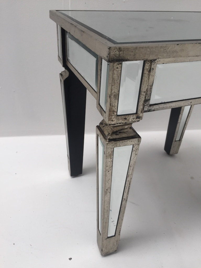 Charleston Mirrored stool with an antiqued silver wooden edge, wood and mirror, antique silver finish.